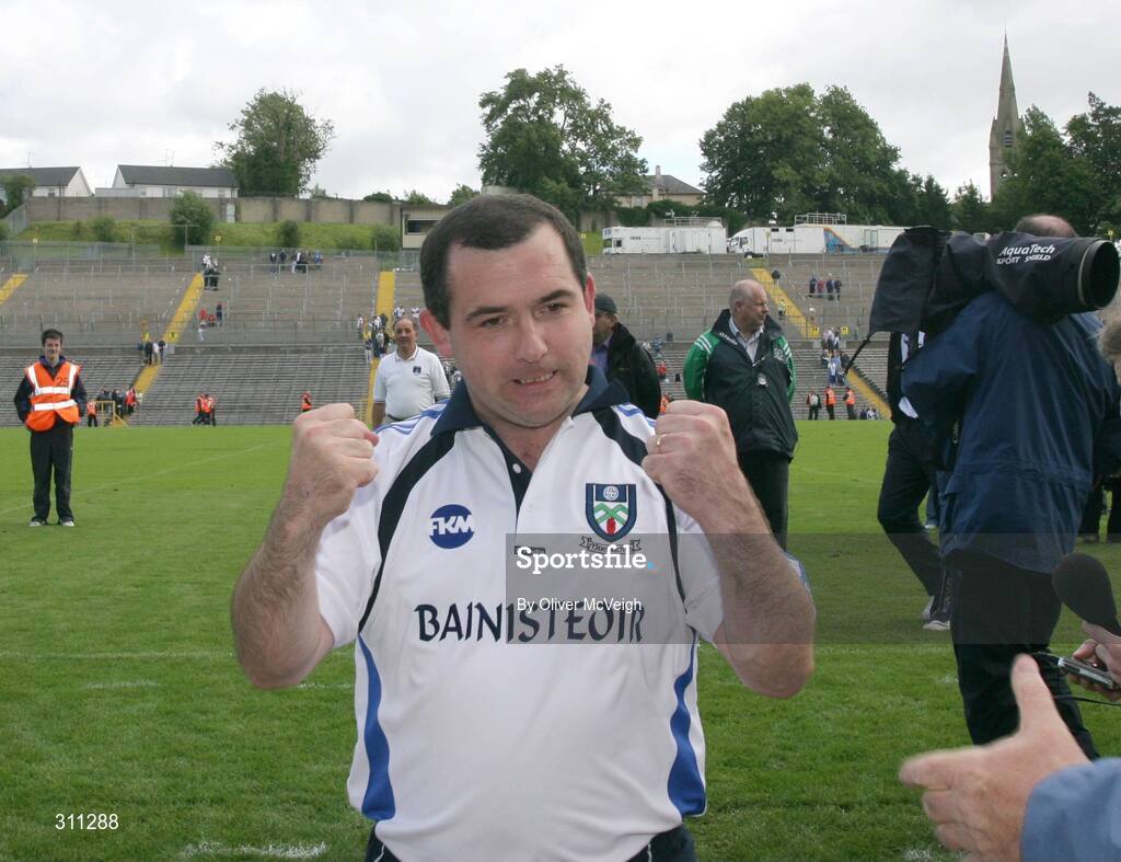 19 July 2008; Monaghan manager, Seamus McEnaney, celebrates victory as he comes off the field. GAA Football All-Ireland Senior Championship Qualifier - Round 1, Monaghan v Derry. Clones, Co. Monaghan. Picture credit: Oliver McVeigh / SPORTSFILE