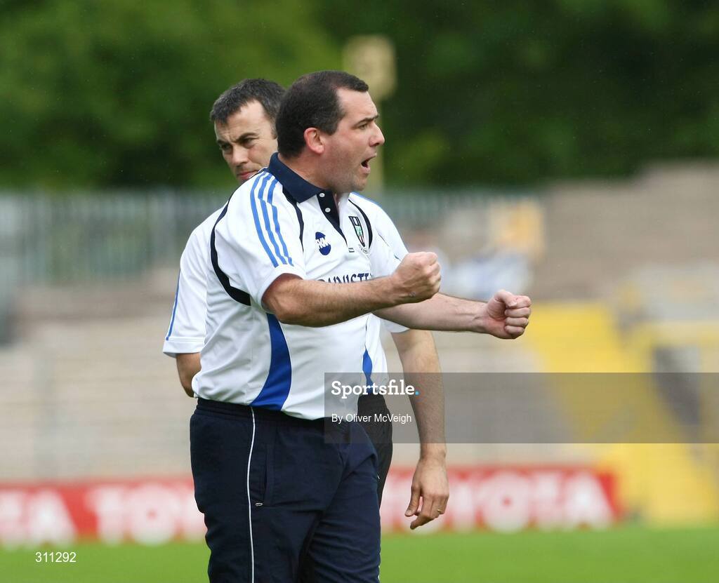 19 July 2008; Monaghan manager, Seamus McEnaney, celebrates his sides winning points. GAA Football All-Ireland Senior Championship Qualifier - Round 1, Monaghan v Derry. Clones, Co. Monaghan. Picture credit: Oliver McVeigh / SPORTSFILE
