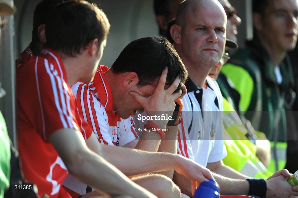19 July 2008; Cork goalkeeper Donal Og Cusack holds his hands to his face, in the dugout, after being sent off. GAA Hurling All-Ireland Senior Championship Qualifier - Round 4, Cork v Galway, Thurles, Co. Tipperary. Picture credit: Ray McManus / SPORTSFILE