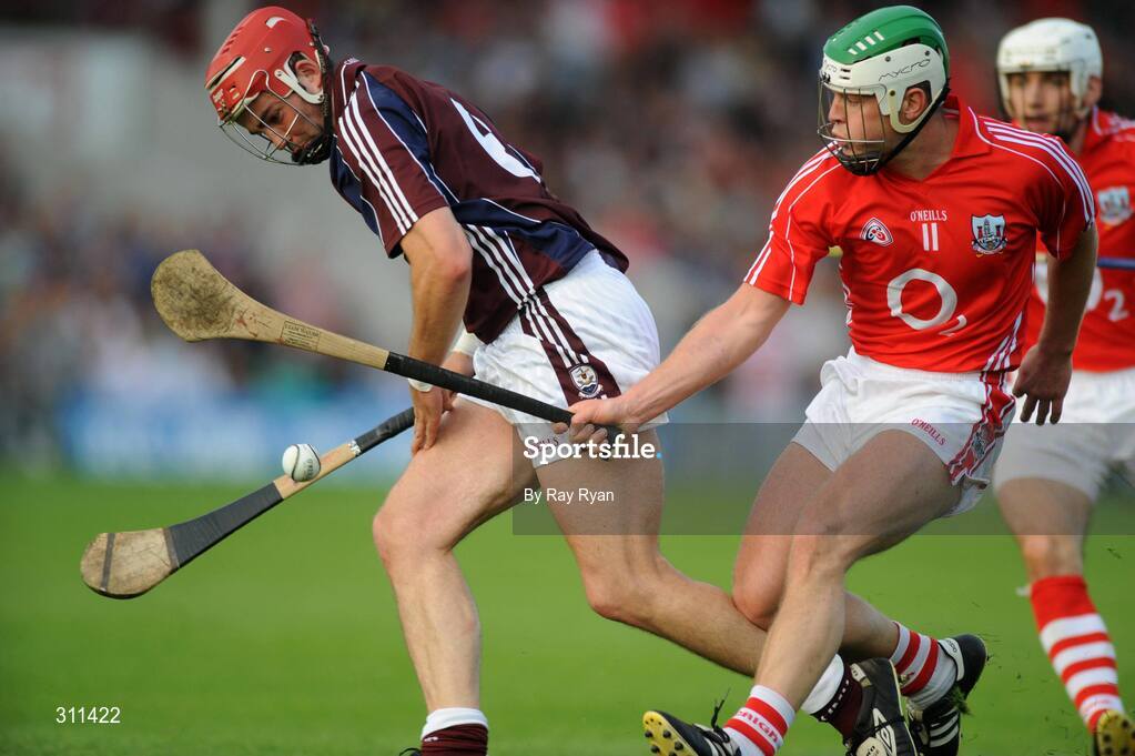 19 July 2008; John Lee, Galway, in action against  Niall McCarthy, Cork. GAA Hurling All-Ireland Senior Championship Qualifier - Round 4, Cork v Galway, Thurles, Co. Tipperary. Picture credit: Ray Ryan / SPORTSFILE