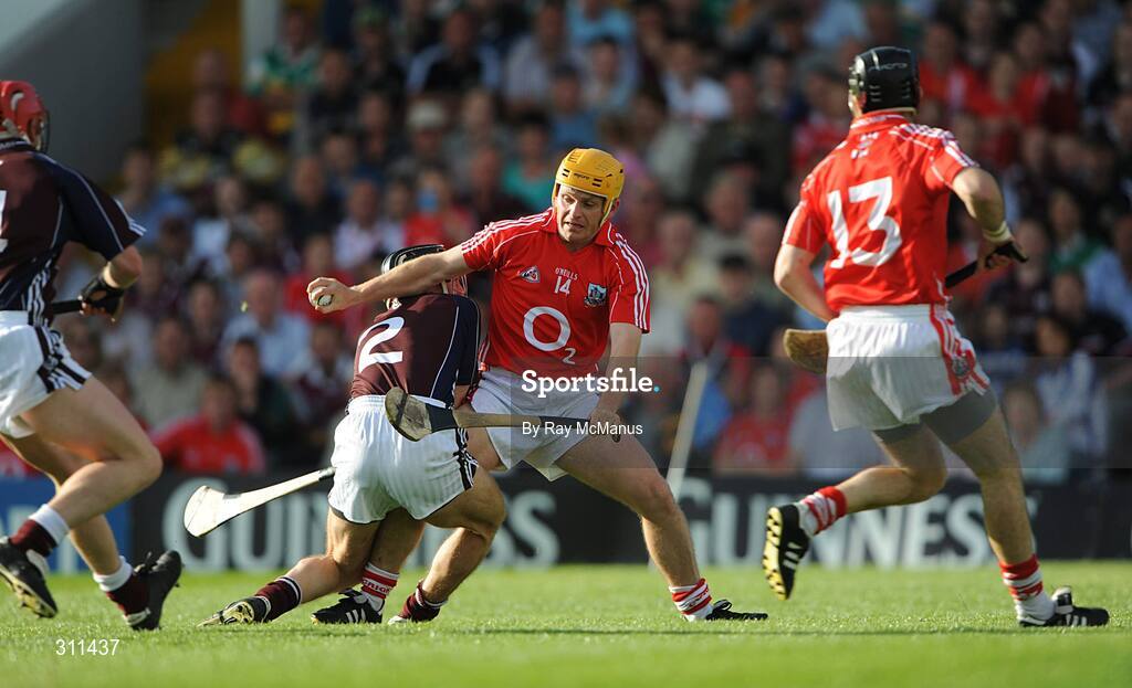 19 July 2008; Joe Deane, Cork, is tackled by Galway corner-back Damien Joyce. GAA Hurling All-Ireland Senior Championship Qualifier - Round 4, Cork v Galway, Thurles, Co. Tipperary. Picture credit: Ray McManus / SPORTSFILE
