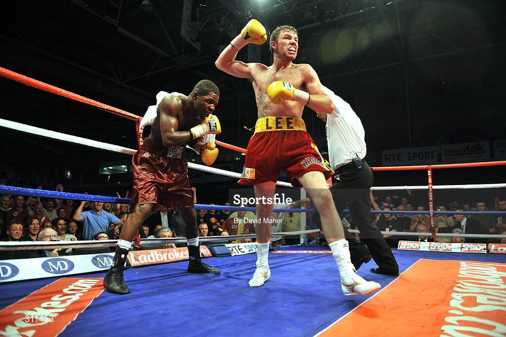 19 July 2008; Andy Lee celebrates at the end of the last round after defeating Willie Gibbs as his corner throw in the towel. International Middleweight contest. University Sports Arena, Limerick. Picture credit: David Maher / SPORTSFILE