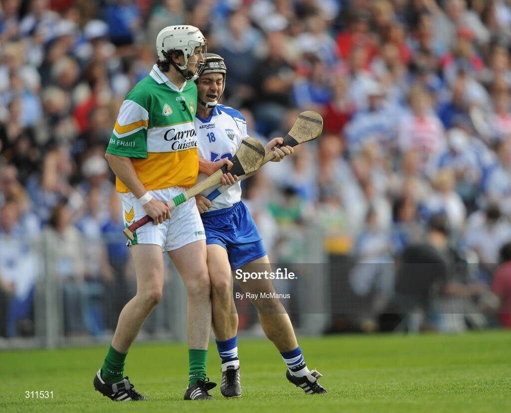 19 July 2008; Paul Flynn, Waterford, jostles with the Offally full-back David Kenny as soon as he arrives on the field as a second half sub. GAA Hurling All-Ireland Senior Championship Qualifier - Round 4, Offaly v Waterford, Thurles, Co. Tipperary. Picture credit: Ray McManus / SPORTSFILE