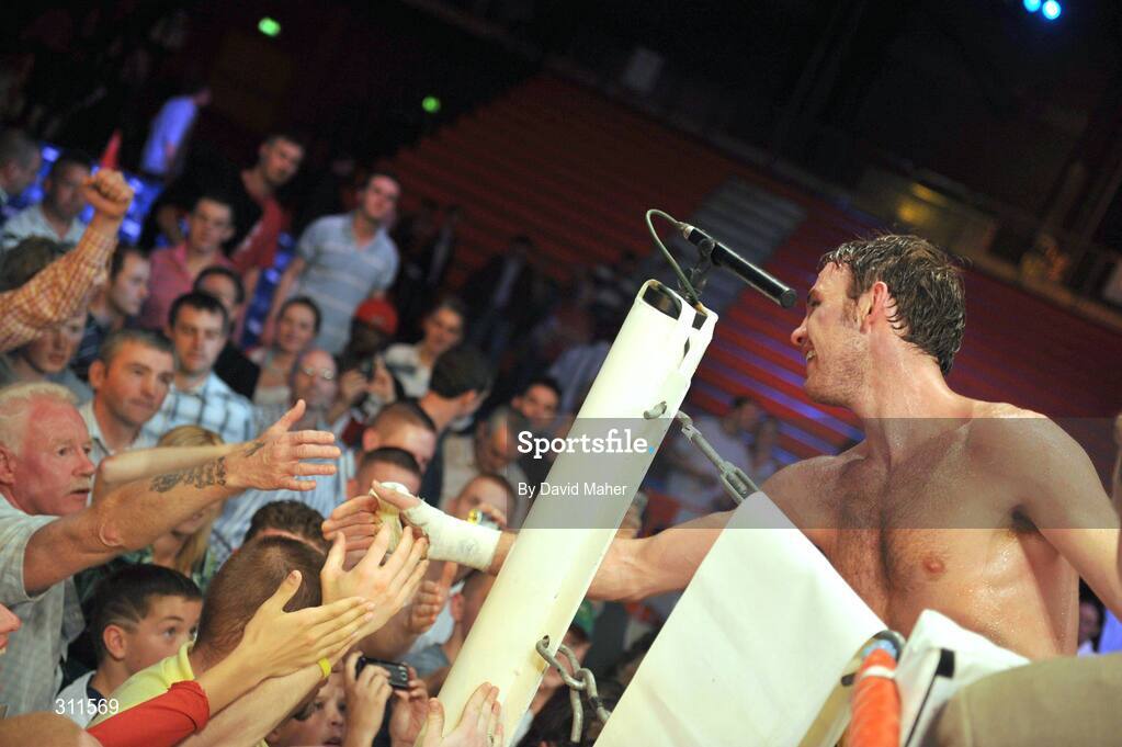 19 July 2008; Andy Lee, is congratulated by supporters after defeating Willie Gibbs. International Middleweight contest. University Sports Arena, Limerick. Picture credit: David Maher / SPORTSFILE