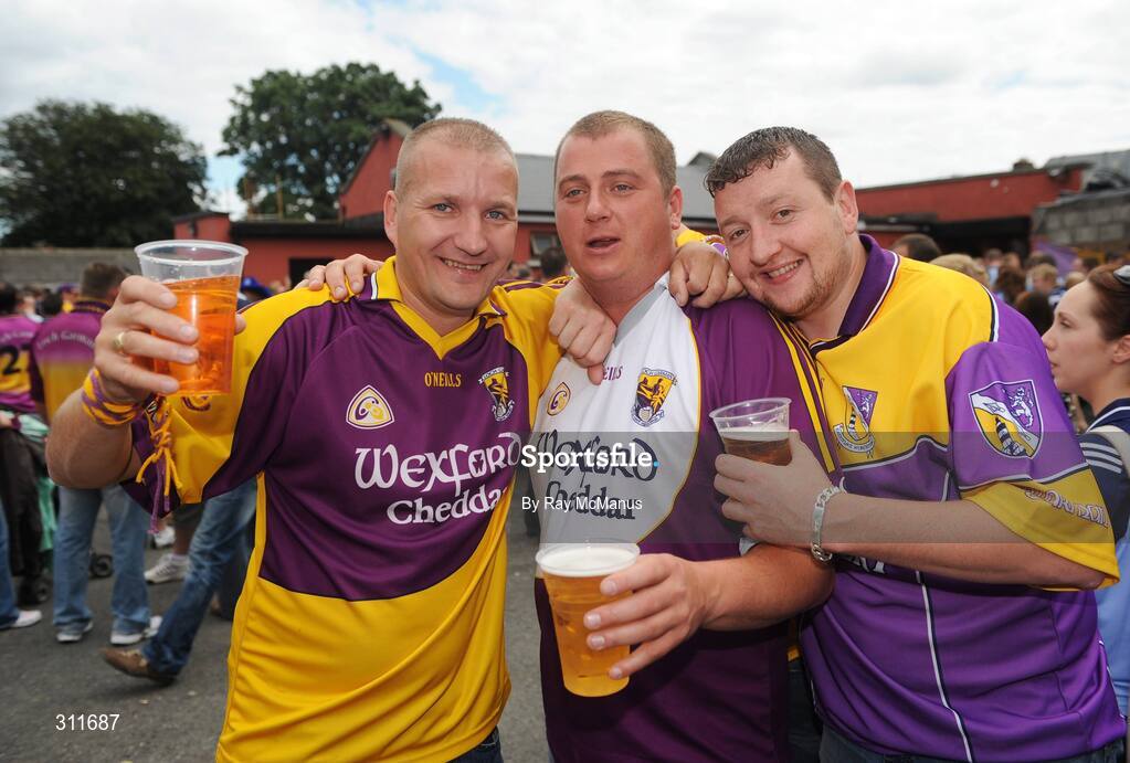 20 July 2008; Dublin supporters Denny Rossiter, Mark Berry and Kenneth Bergin relax in Meaghers before the game. GAA Football Leinster Senior Championship Final, Dublin v Wexford, Croke Park, Dublin. Picture credit: Ray McManus / SPORTSFILE