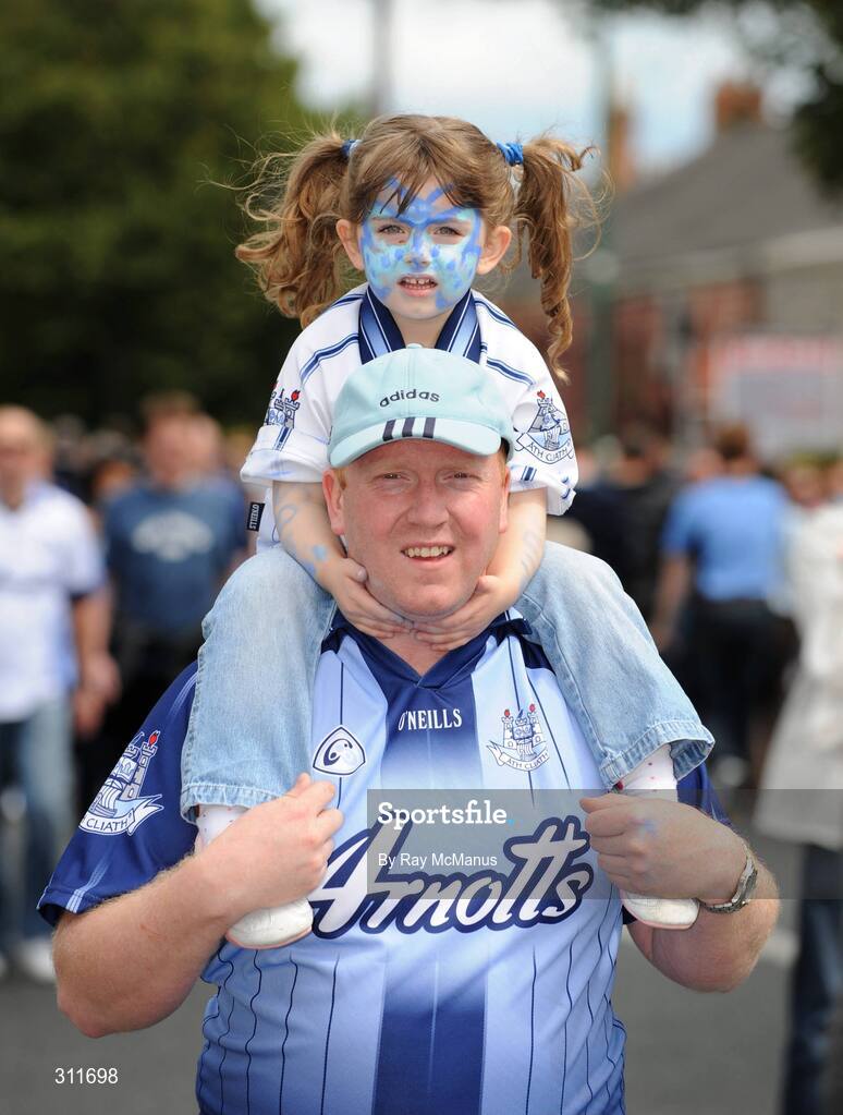 20 July 2008; Dublin supporters Sarah Kelly, three years, and her dad Anthony on their way to the game. GAA Football Leinster Senior Championship Final, Dublin v Wexford, Croke Park, Dublin. Picture credit: Ray McManus / SPORTSFILE