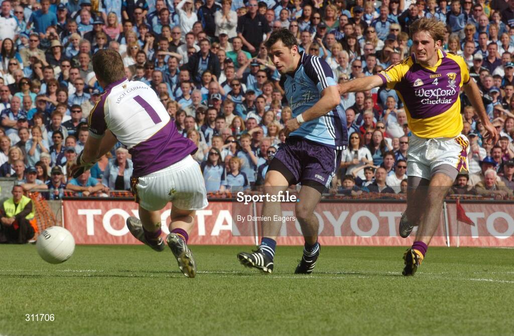 20 July 2008; Alan Brogan, Dublin, scores his side's second goal despite goalkeeper Anthony Masterson and defender, Brian Malone. GAA Football Leinster Senior Championship Final, Dublin v Wexford, Croke Park, Dublin. Picture credit: Damien Eagers / SPORTSFILE