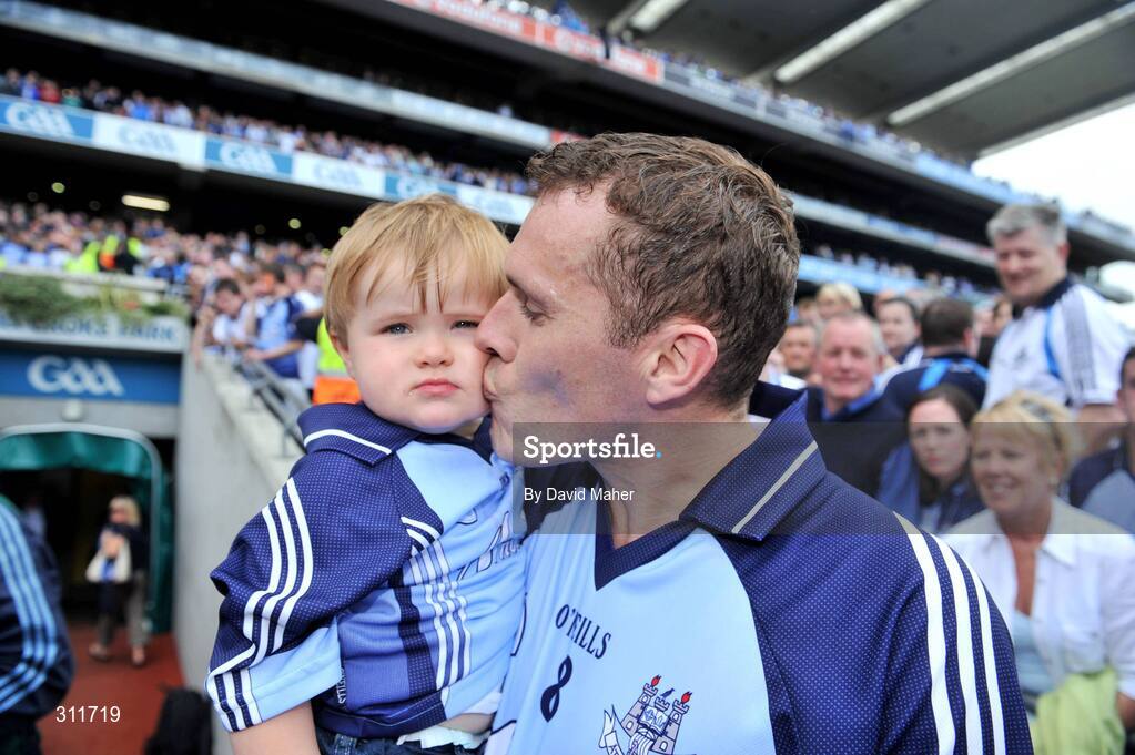 20 July 2008; Ciaran Whelan, Dublin, celebrates with his son Jamie at the end of the game. GAA Football Leinster Senior Championship Final, Dublin v Wexford, Croke Park, Dublin. Picture credit: David Maher / SPORTSFILE