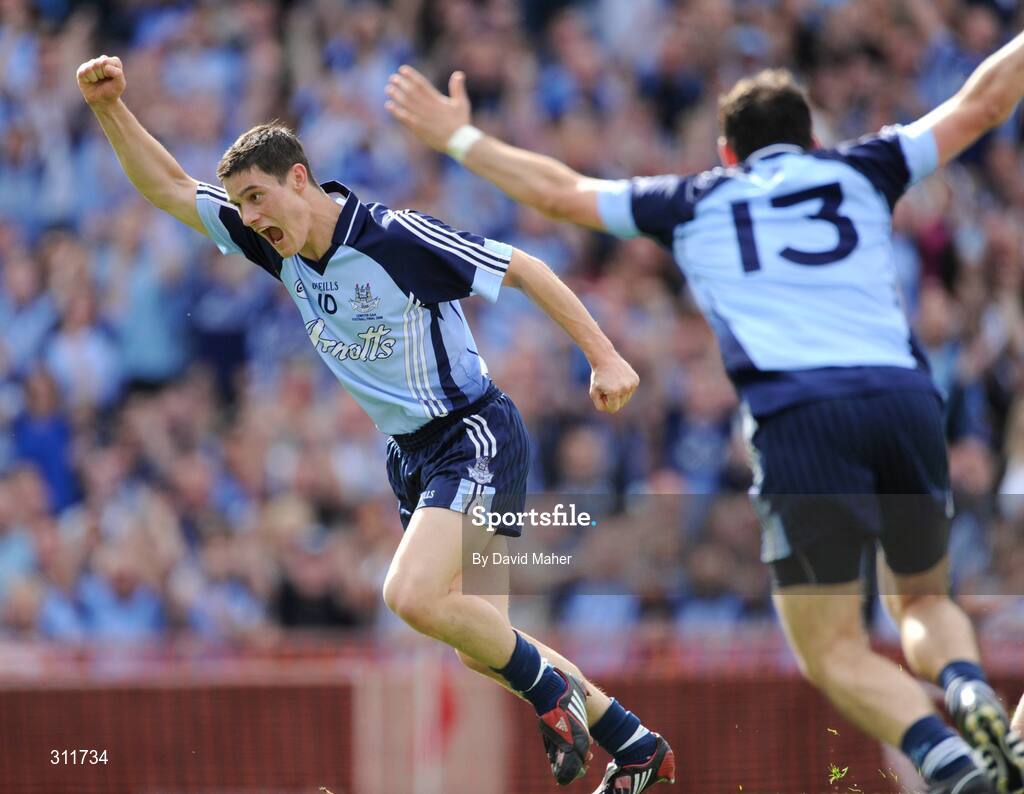 20 July 2008; Diarmuid Connolly, left, Dublin, celebrates with team-mate Alan Brogan after scoring his side's first goal. GAA Football Leinster Senior Championship Final, Dublin v Wexford, Croke Park, Dublin. Picture credit: David Maher / SPORTSFILE