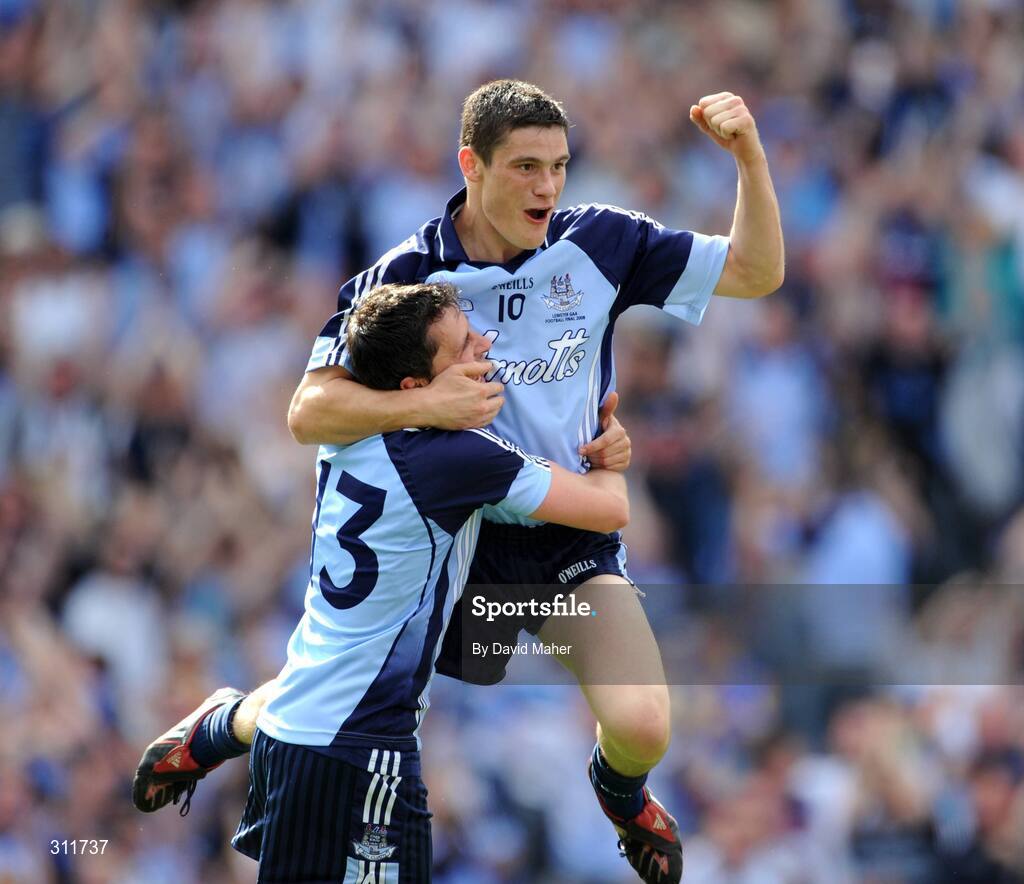 20 July 2008; Diarmuid Connolly, right, Dublin, celebrates with team-mate Alan Brogan after scoring his side's first goal. GAA Football Leinster Senior Championship Final, Dublin v Wexford, Croke Park, Dublin. Picture credit: David Maher / SPORTSFILE