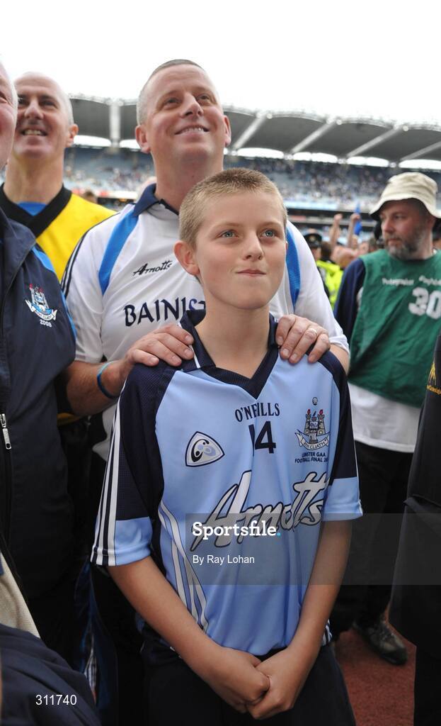 20 July 2008; Dublin Manager Paul Caffrey with his son Eric after the final whistle. GAA Football Leinster Senior Championship Final, Dublin v Wexford, Croke Park, Dublin. Picture credit: Ray Lohan / SPORTSFILE *** Local Caption ***