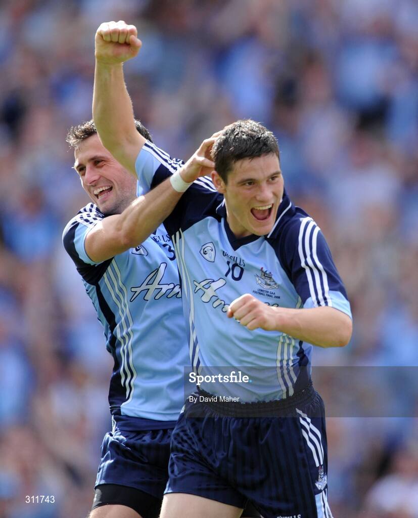 20 July 2008; Diarmuid Connolly, right, Dublin, celebrates with team-mate Alan Brogan after scoring his side's first goal. GAA Football Leinster Senior Championship Final, Dublin v Wexford, Croke Park, Dublin. Picture credit: David Maher / SPORTSFILE