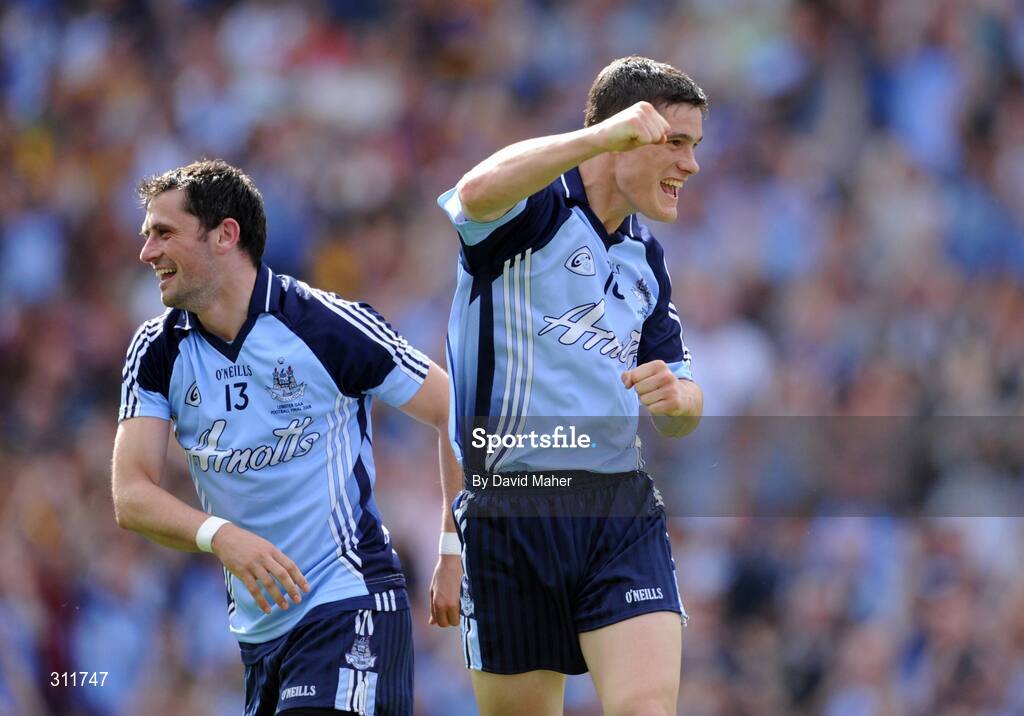 20 July 2008; Diarmuid Connolly, right, Dublin, celebrates with team-mate Alan Brogan after scoring his side's first goal. GAA Football Leinster Senior Championship Final, Dublin v Wexford, Croke Park, Dublin. Picture credit: David Maher / SPORTSFILE