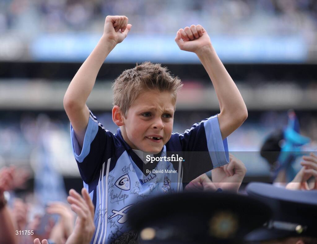 20 July 2008; A Dublin supporter cheers on his team at the end of the game. GAA Football Leinster Senior Championship Final, Dublin v Wexford, Croke Park, Dublin. Picture credit: David Maher / SPORTSFILE