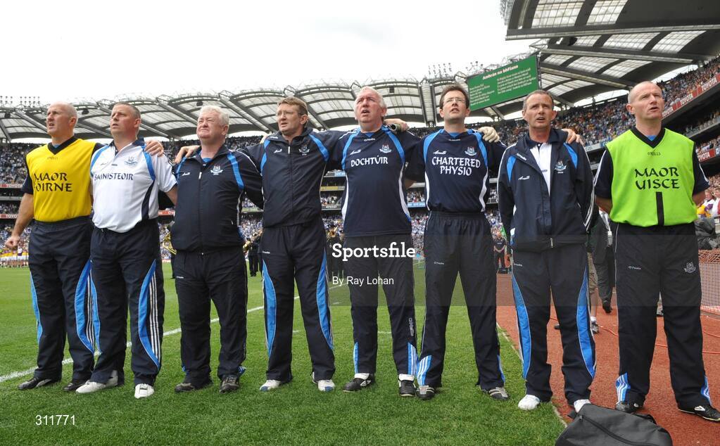 20 July 2008; Dublin Management team stand for the National Anthem. GAA Football Leinster Senior Championship Final, Dublin v Wexford, Croke Park, Dublin. Picture credit: Ray Lohan / SPORTSFILE *** Local Caption ***
