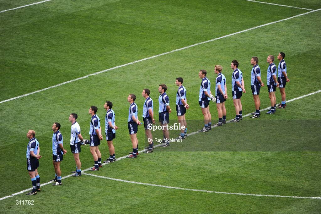 20 July 2008; The Dublin team stand for the National Anthem before the game. GAA Football Leinster Senior Championship Final, Dublin v Wexford, Croke Park, Dublin. Picture credit: Ray McManus / SPORTSFILE