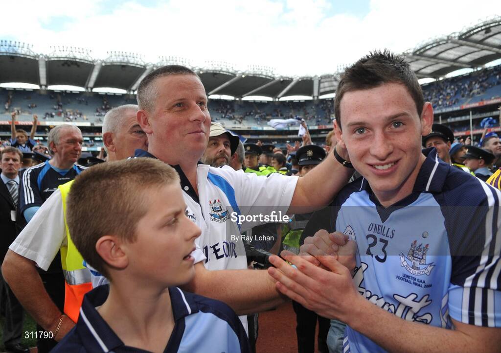 20 July 2008; Dublin manager Paul Caffrey celebrates with Philip McMahon after the game. GAA Football Leinster Senior Championship Final, Dublin v Wexford, Croke Park, Dublin. Picture credit: Ray Lohan / SPORTSFILE *** Local Caption ***