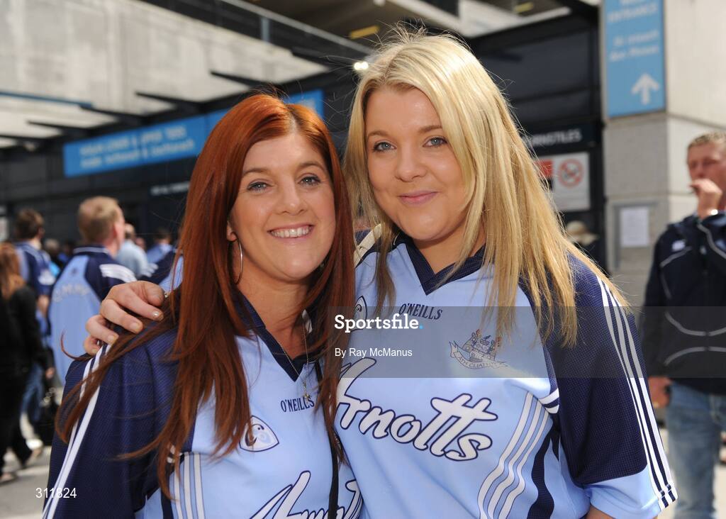 20 July 2008; Dublin supporters Olga Mulvaney, left, from Balinteer, and her sister Amanda O'Keeffe, from Finglas, before the game. GAA Football Leinster Senior Championship Final, Dublin v Wexford, Croke Park, Dublin. Picture credit: Ray McManus / SPORTSFILE
