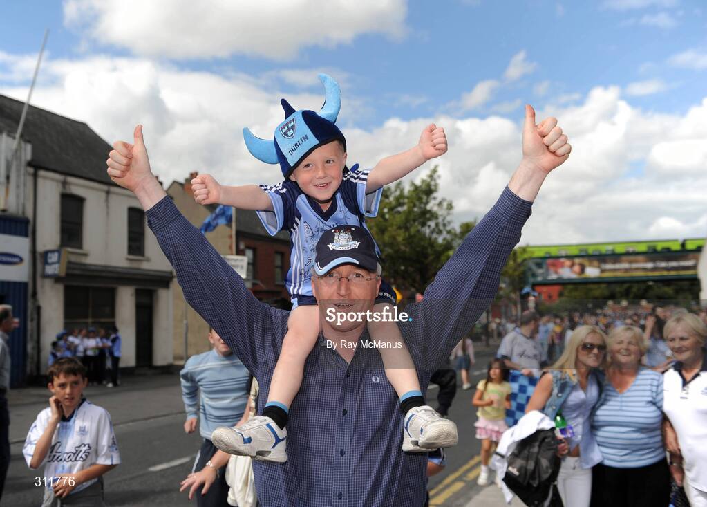 20 July 2008; Dublin supporters Stuart Davidson and his five-year-old son Sam, from Rush, on their way to the game. GAA Football Leinster Senior Championship Final, Dublin v Wexford, Croke Park, Dublin. Picture credit: Ray McManus / SPORTSFILE