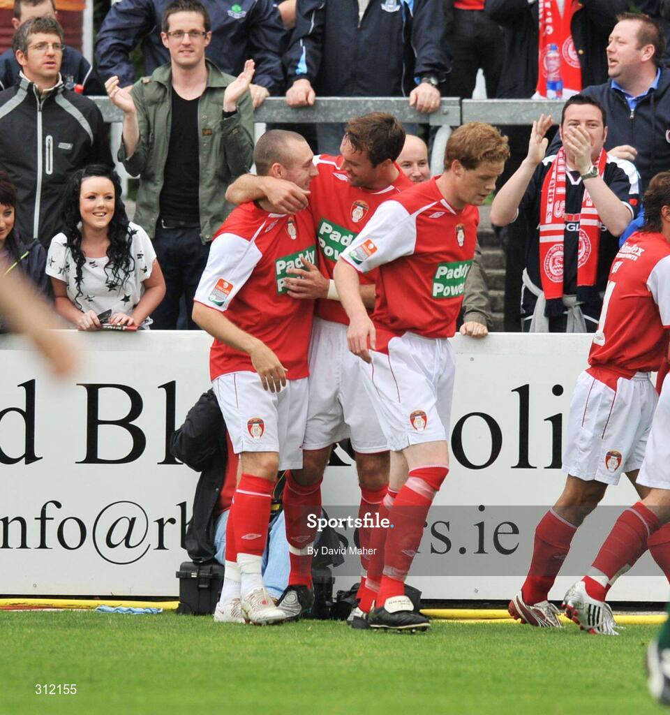 21 July 2008; Mark Quigley, left, St Patrick's Athletic, celebrates after scoring his side's first goal with team-mate Jamie Harris. eircom League of Ireland Premier Division, St Patrick's Athletic v Shamrock Rovers, Richmond Park, Dublin. Picture credit: David Maher / SPORTSFILE
