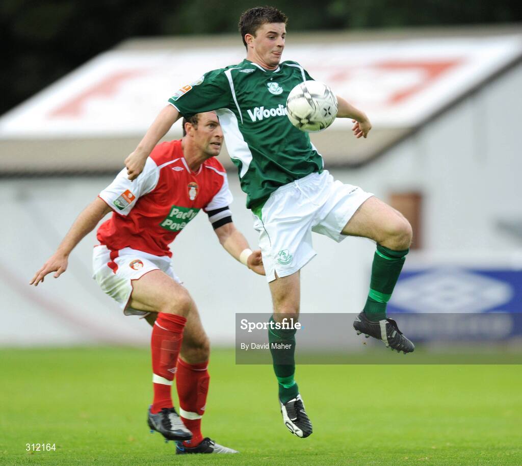 21 July 2008; Padraig Almond, Shamrock Rovers, in action against Jamie Harris, St Patrick's Athletic. eircom League of Ireland Premier Division, St Patrick's Athletic v Shamrock Rovers, Richmond Park, Dublin. Picture credit: David Maher / SPORTSFILE