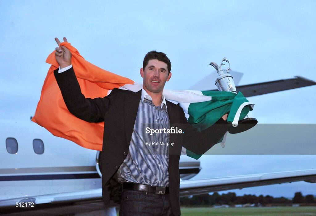 21 July 2008; Padraig Harrington, who won The Open Championship for a second time, with the Golf Champion Trophy (Claret Jug) on his arrival home at Weston airport, Leixlip, Co. Kildare. Picture credit: Pat Murphy / SPORTSFILE