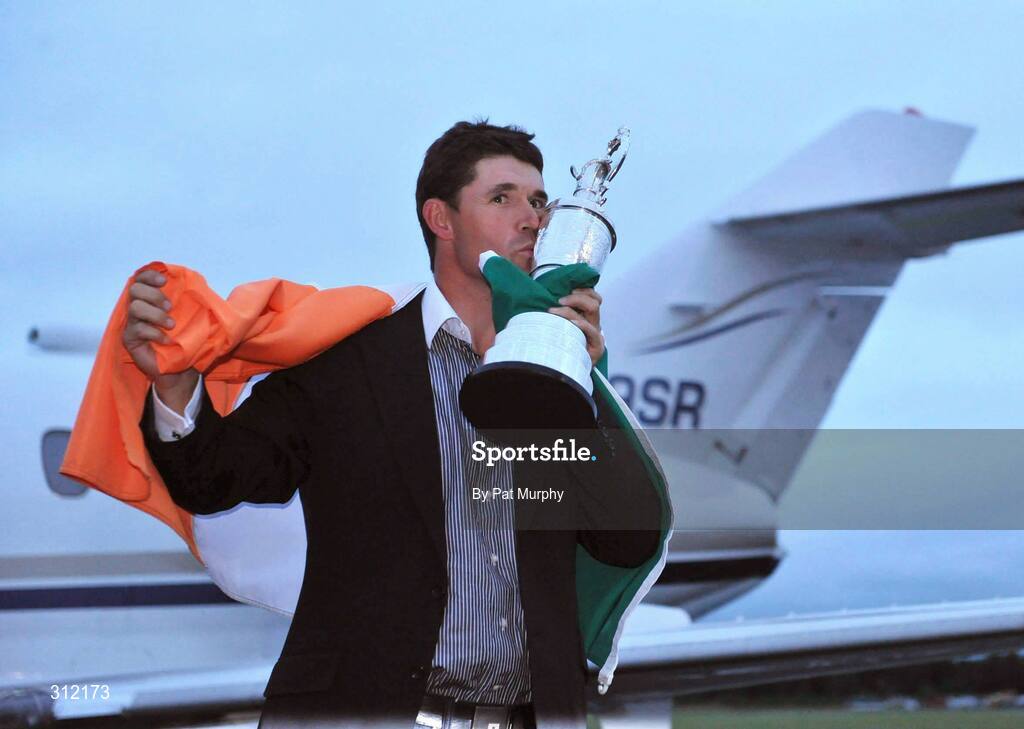 21 July 2008; Padraig Harrington, who won The Open Championship for a second time, with the Golf Champion Trophy (Claret Jug) on his arrival home at Weston airport, Leixlip, Co. Kildare. Picture credit: Pat Murphy / SPORTSFILE