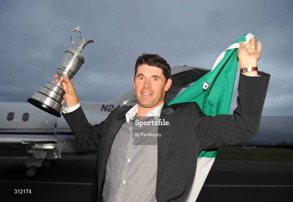 21 July 2008; Padraig Harrington, who won The Open Championship for a second time, with the Golf Champion Trophy (Claret Jug) on his arrival home at Weston airport, Leixlip, Co. Kildare. Picture credit: Pat Murphy / SPORTSFILE