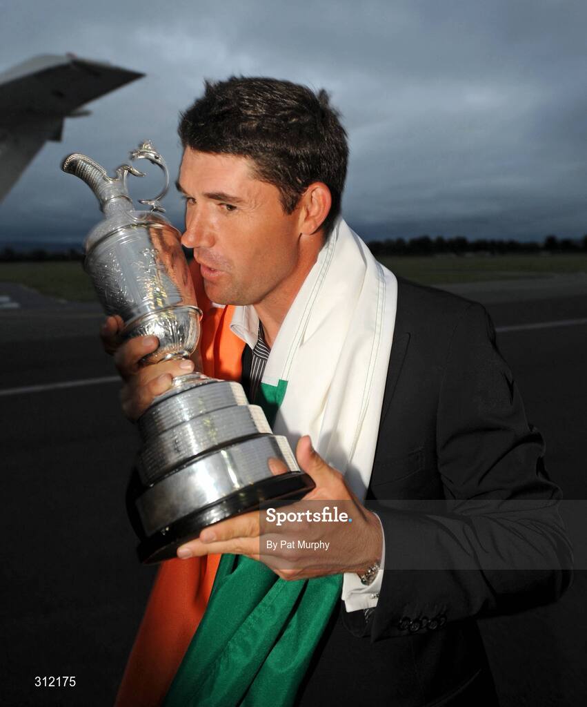 21 July 2008; Padraig Harrington, who won The Open Championship for a second time, with the Golf Champion Trophy (Claret Jug) on his arrival home at Weston airport, Leixlip, Co. Kildare. Picture credit: Pat Murphy / SPORTSFILE