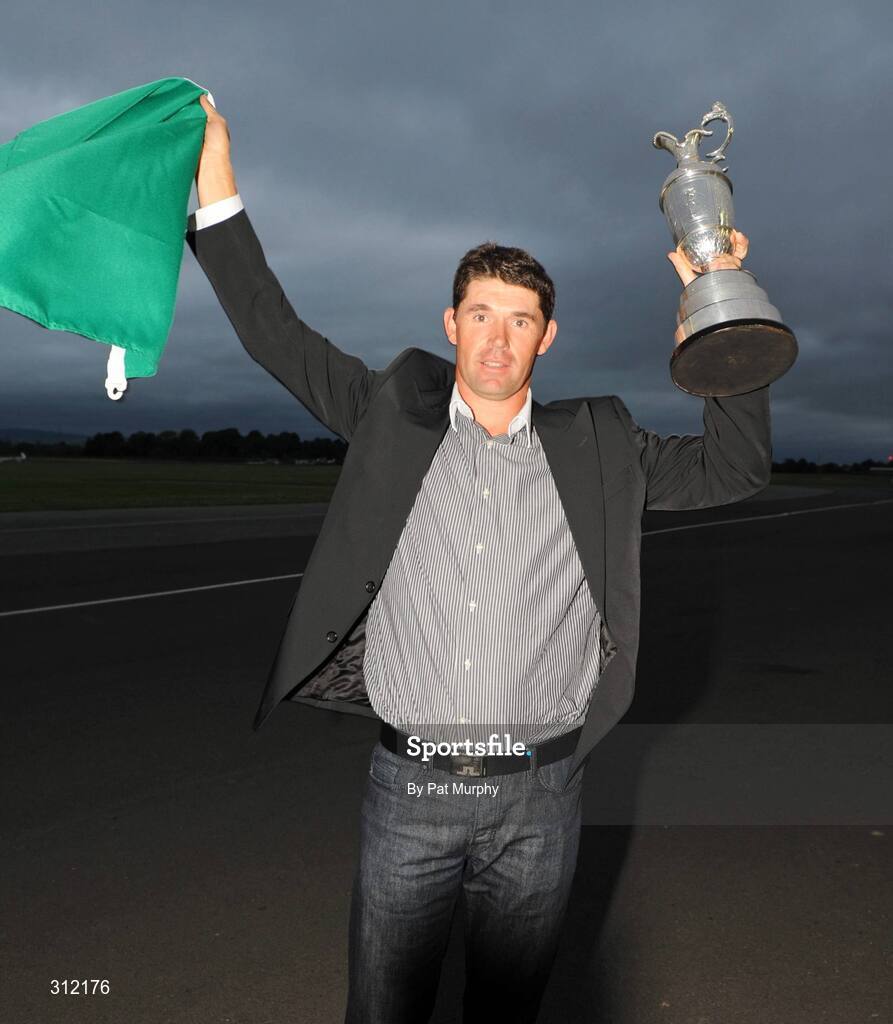 21 July 2008; Padraig Harrington, who won The Open Championship for a second time, with the Golf Champion Trophy (Claret Jug) on his arrival home at Weston airport, Leixlip, Co. Kildare. Picture credit: Pat Murphy / SPORTSFILE
