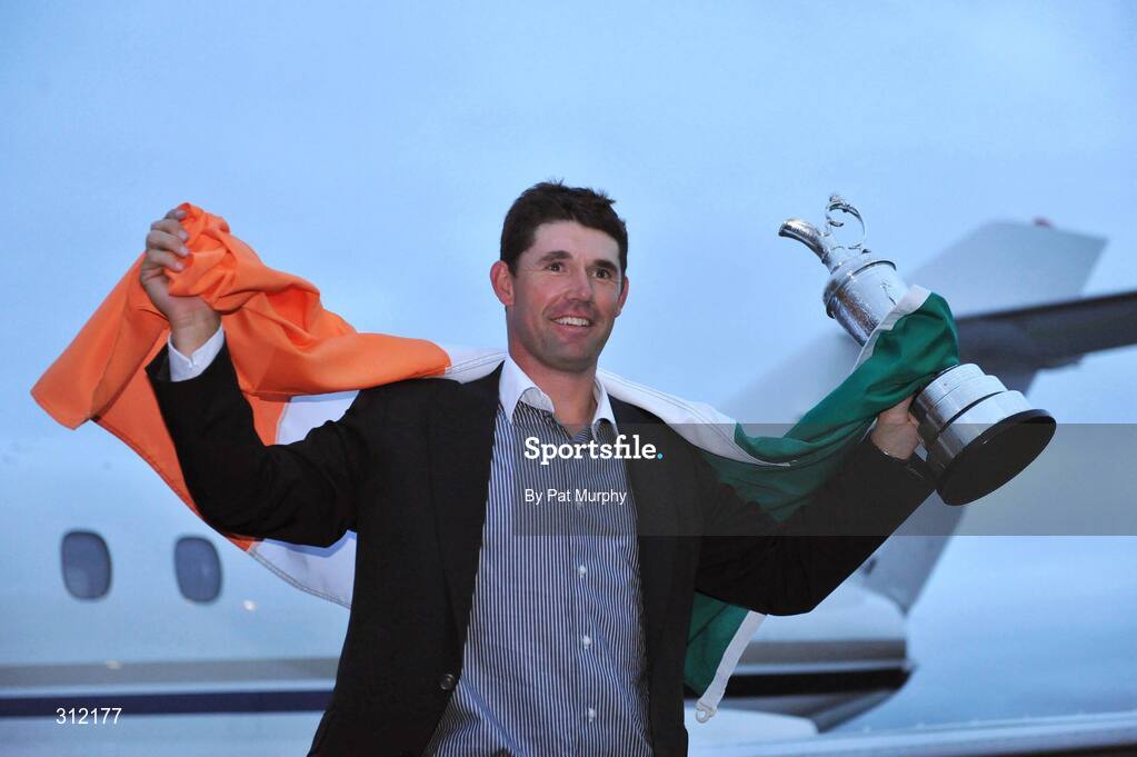 21 July 2008; Padraig Harrington, who won The Open Championship for a second time, with the Golf Champion Trophy (Claret Jug) on his arrival home at Weston airport, Leixlip, Co. Kildare. Picture credit: Pat Murphy / SPORTSFILE
