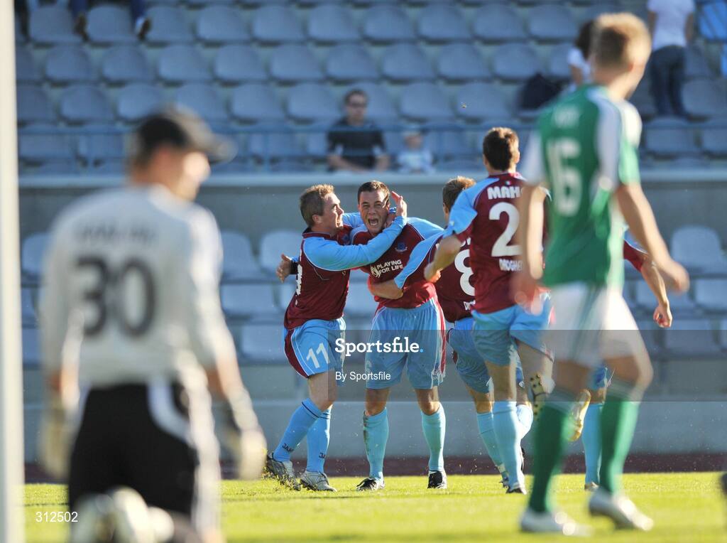 23 July 2008; Graham Gartland, no. 6, Drogheda United, celebrates with team-mates after scoring his side's first goal. UEFA Champions League, 1st Qualifying Rd, 2nd leg, Kadriorg Stadium, F.C. Levadia Tallinn v Drogheda United, Tallinn, Estonia. Photo by Sportsfile