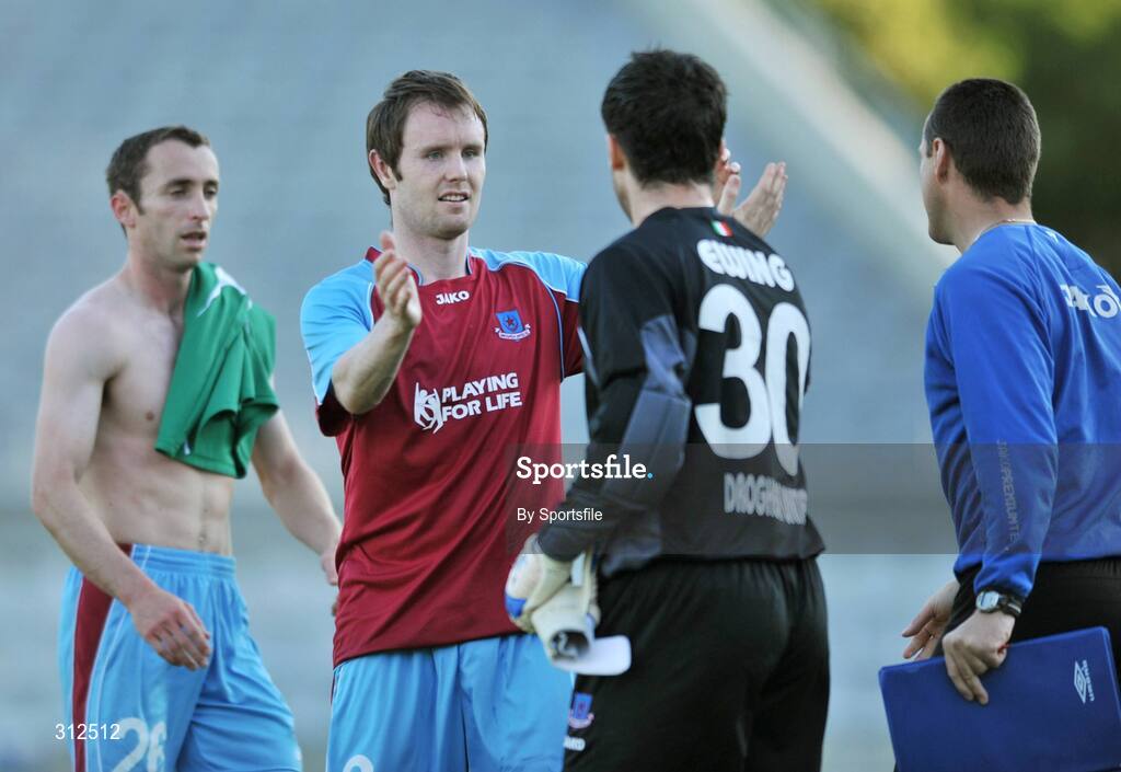 23 July 2008; Joe Kendrick, left, Drogheda United, celebrates with team-mate Jamie Ewings at the end of the game. UEFA Champions League, 1st Qualifying Rd, 2nd leg, F.C. Levadia Tallinn v Drogheda United, Kadriorg Stadium, Tallinn, Estonia. Photo by Sportsfile