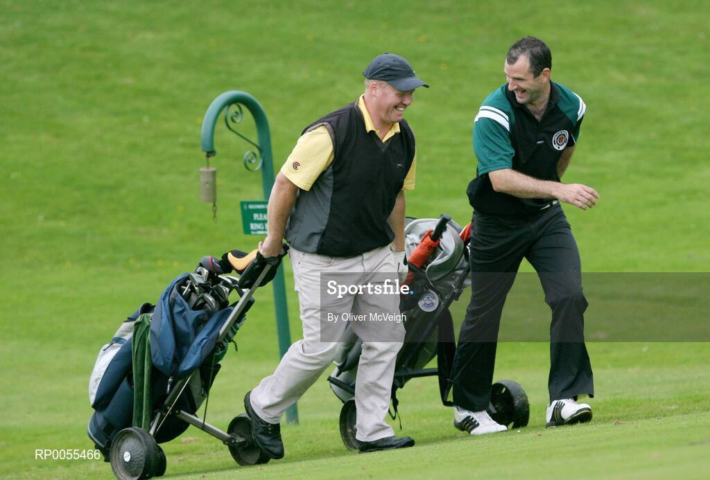 18 July 2008; Former Armagh star, Benny Tierney, Mullaghban GFC, Armagh, and Present Armagh star forward, Steven McDonnell, Killeavey GFC, Armagh, during the FBD GAA Golf Challenge, Ulster Final. Current GAA stars and all-time legends were on hand to tee off the competition, which is now in its ninth year and allows GAA clubs from across Ireland and abroad to compete for an All-Ireland title on a completely level par, without restrictions. Killymoon Golf Club, Cookstown, Co. Tyrone. Picture credit: Oliver McVeigh / SPORTSFILE