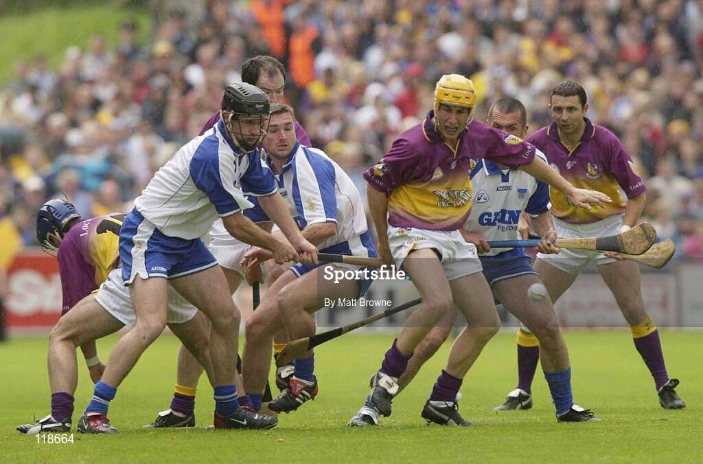 19 July 2003; Waterford's James Murray, left, Tony Browne and Ken McGrath in action against Wexford's Rory McCarthy. Guinness Senior Hurling Championship qualifier, Wexford v Waterford, Nowlan Park, Kilkenny. Picture credit; Matt Browne / SPORTSFILE