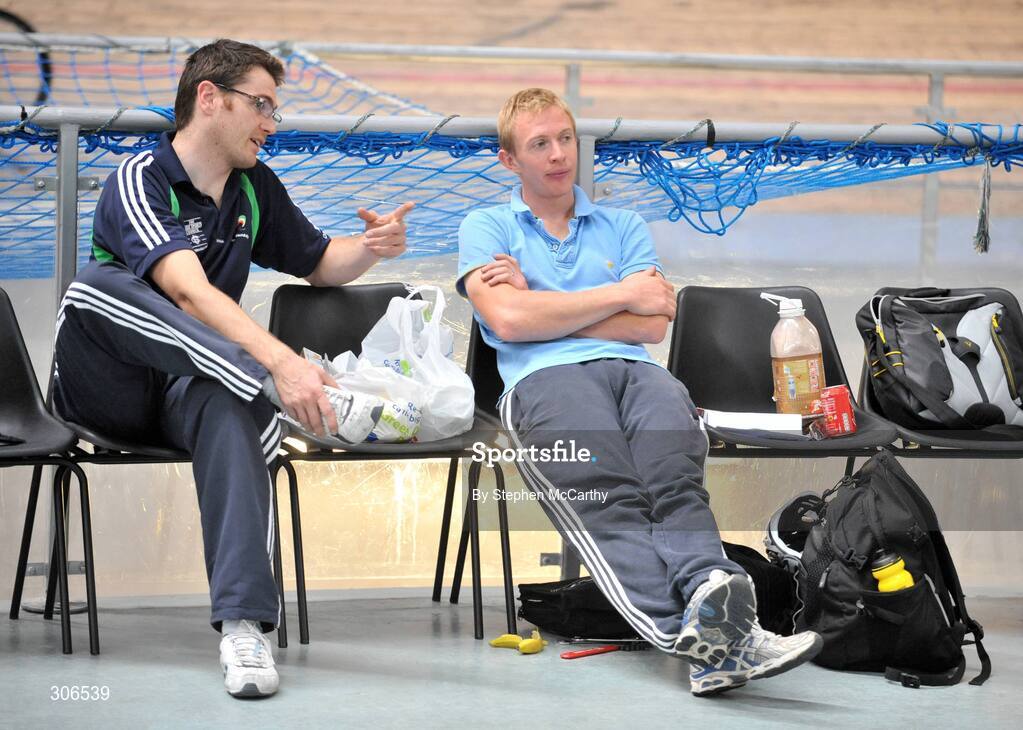 23 June 2008; Irish Olympic cyclist David O'Loughlin in conversation with Cycling Ireland coach Brian Nugent. Wales National Velodrome, Newport, Wales. Picture credit: Stephen McCarthy / SPORTSFILE