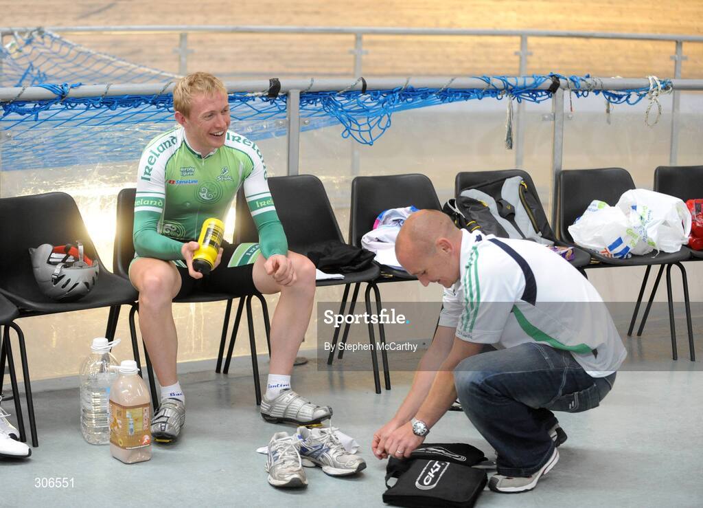 23 June 2008; Irish Olympic cyclist David O'Loughlin with coach Tommy Evans during training. Wales National Velodrome, Newport, Wales. Picture credit: Stephen McCarthy / SPORTSFILE