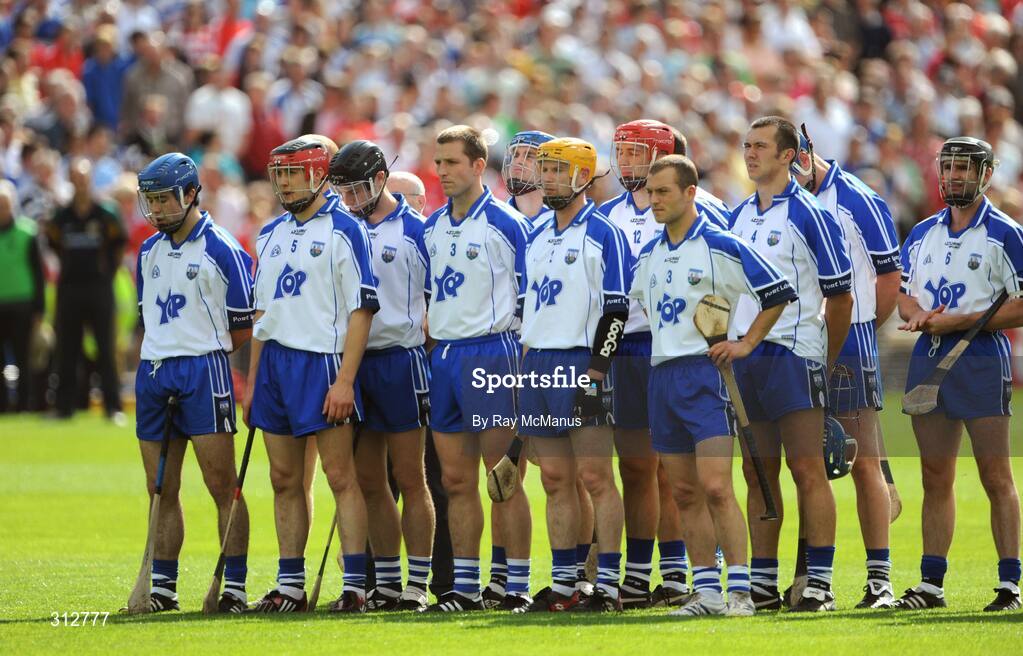 19 July 2008; The Waterford players stand for the National Anthem. GAA Hurling All-Ireland Senior Championship Qualifier - Round 4, Offaly v Waterford, Thurles, Co. Tipperary. Picture credit: Ray McManus / SPORTSFILE