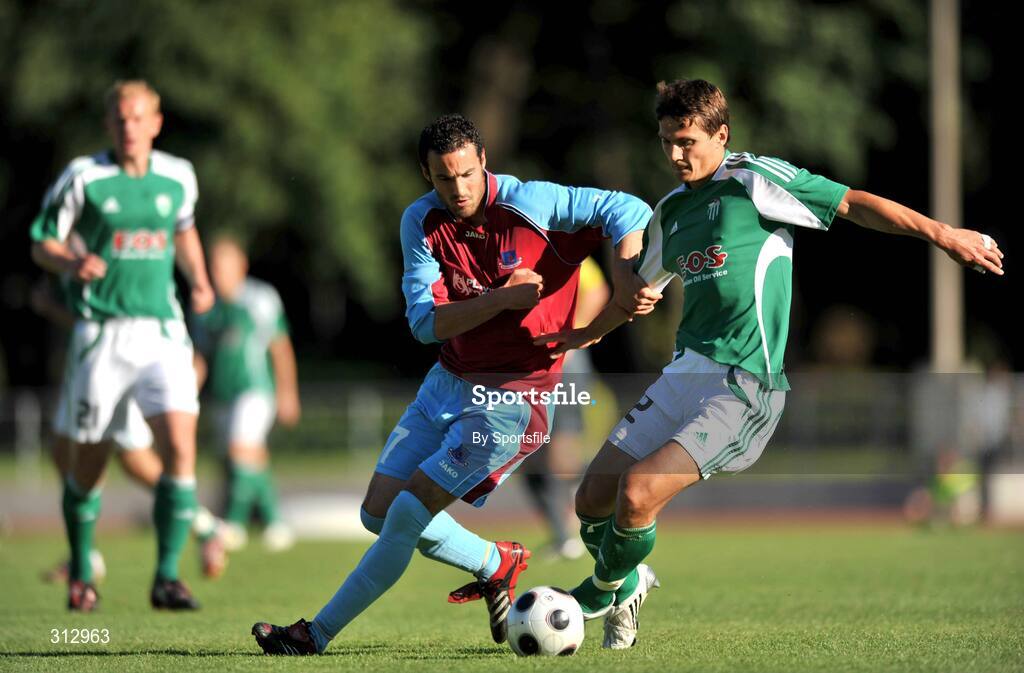 23 July 2008; Andrei Kalimullin, F.C. Levadia Tallinn, in action against Eamon Zayed, Drogheda United. F.C. Levadia Tallinn v Drogheda United, UEFA Champions League, 1st Qualifying Rd, 2nd leg, Kadriorg Stadium, Tallinn, Estonia. Photo by Sportsfile