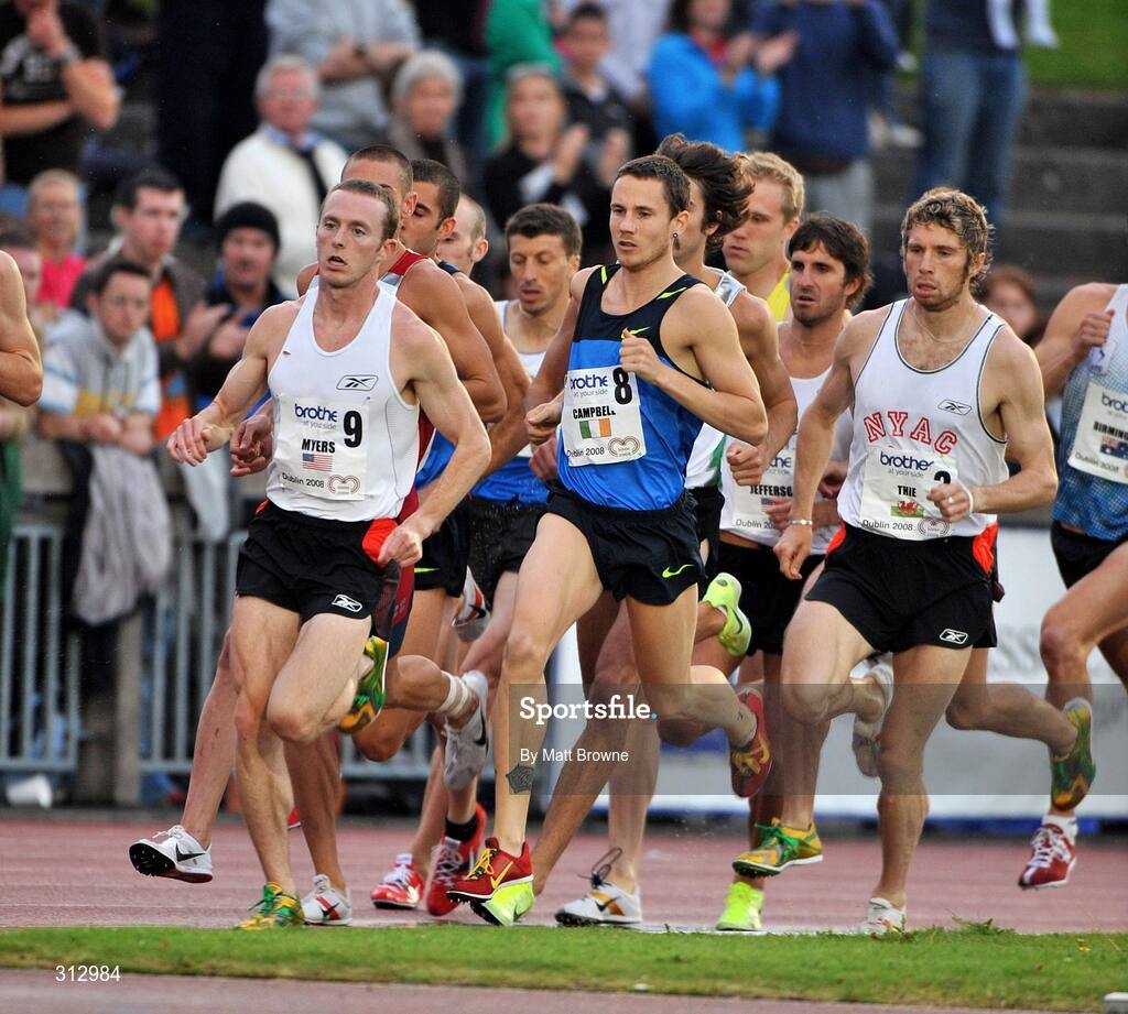 25 July 2008; David Campbell, 8, Ireland, in action with eventual winner Rob Myers, 9, USA, during the Men's Morton Mile. Morton Memorial Games, Morton Stadium, Santry, Co. Dublin Picture credit: Matt Browne / SPORTSFILE