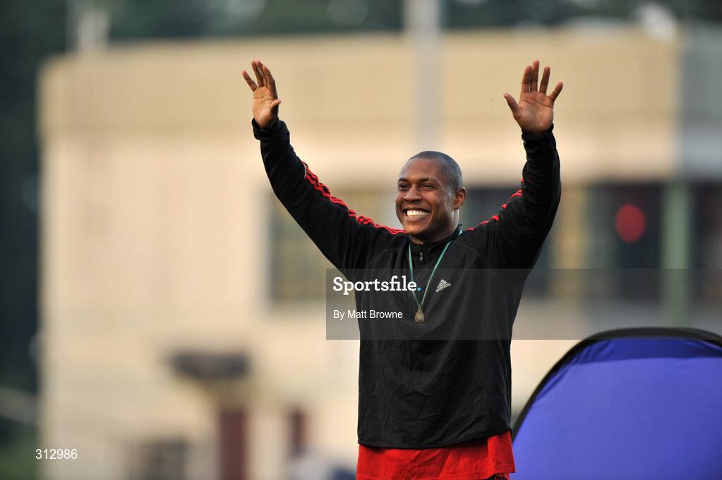 25 July 2008; Bernard Williams, USA, after winning the Gold Medal in the men's 100m. Morton Memorial Games, Morton Stadium, Santry, Co. Dublin Picture credit: Matt Browne / SPORTSFILE