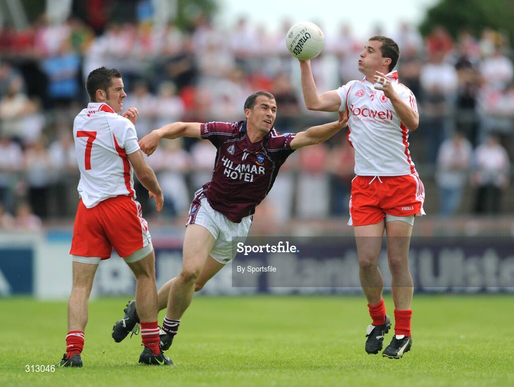 26 July 2008; Brian McGuigan, right, and Philip Jordan, Tyrone, in action against Damien Healy, Westmeath. GAA Football All-Ireland Senior Championship Qualifier, Round 2, Tyrone v Westmeath, Healy Park, Omagh, Co. Tyrone. Photo by Sportsfile