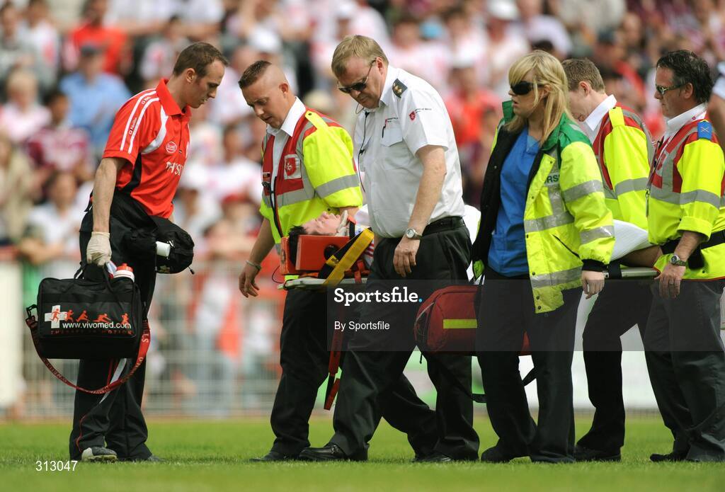 26 July 2008; Sean Cavanagh, Tyrone, is carried off injured. GAA Football All-Ireland Senior Championship Qualifier, Round 2, Tyrone v Westmeath, Healy Park, Omagh, Co. Tyrone. Photo by Sportsfile