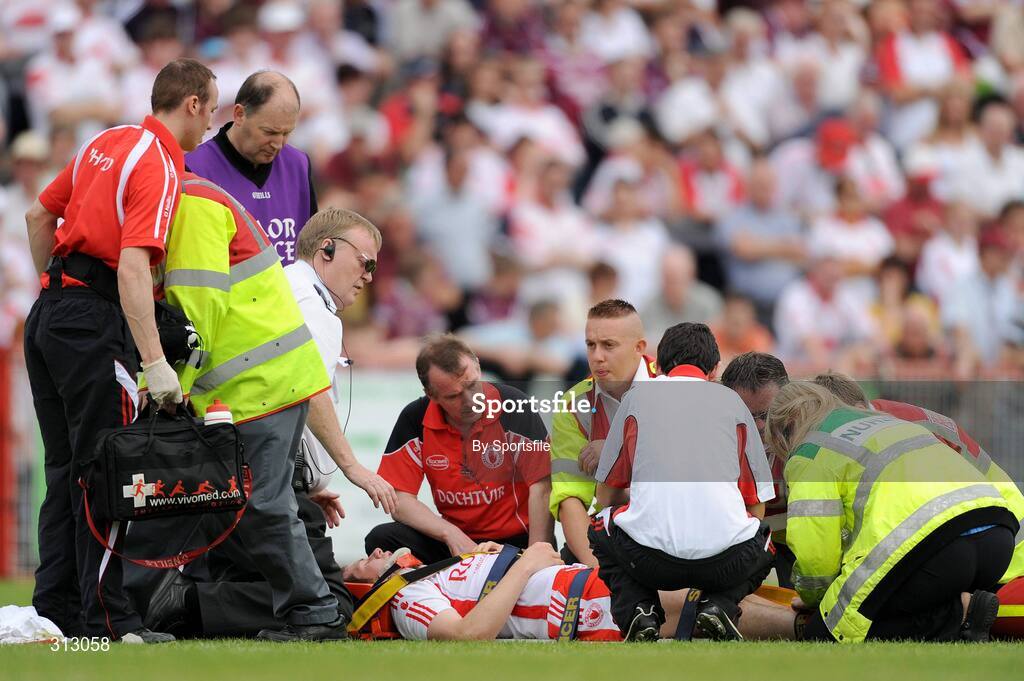 26 July 2008; Medics attend to Sean Cavanagh, Tyrone. GAA Football All-Ireland Senior Championship Qualifier - Round 2, Tyrone v Westmeath, Healy Park, Omagh, Co. Tyrone. Photo by Sportsfile