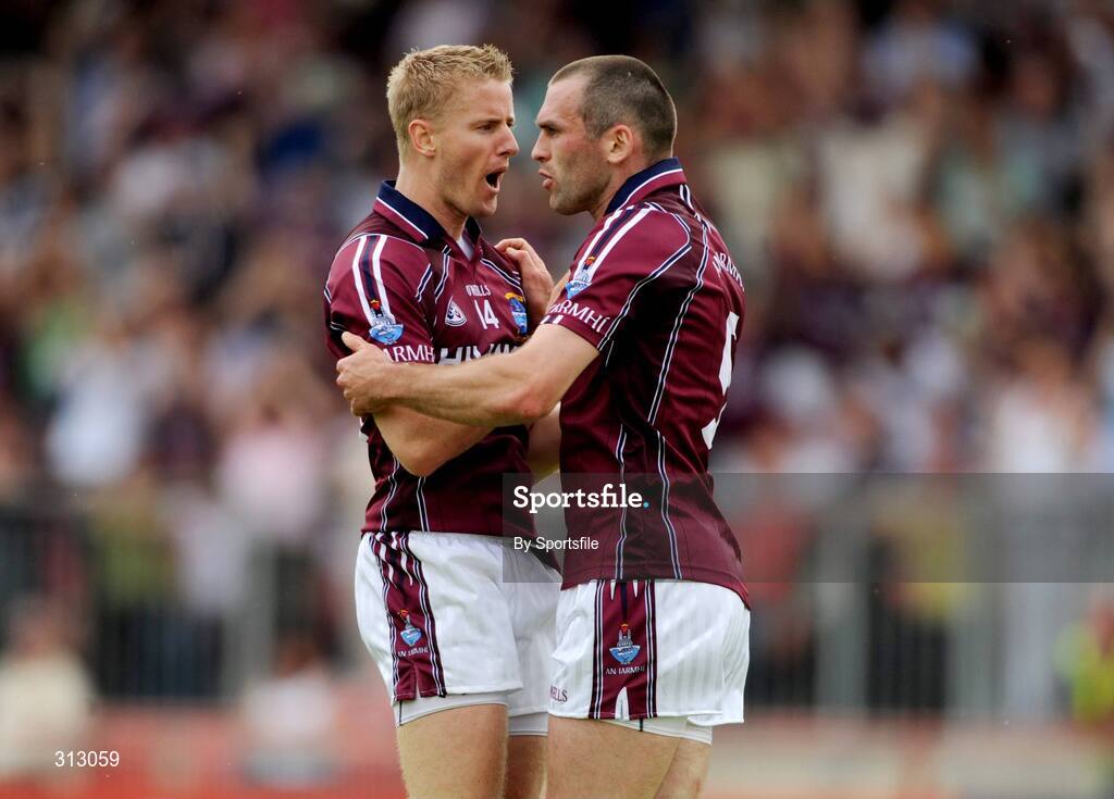 26 July 2008; Denis Glennon, left, Westmeath, congratulates team-mate Michael Ennis after he scored his side's first goal. GAA Football All-Ireland Senior Championship Qualifier - Round 2, Tyrone v Westmeath, Healy Park, Omagh, Co. Tyrone. Photo by Sportsfile