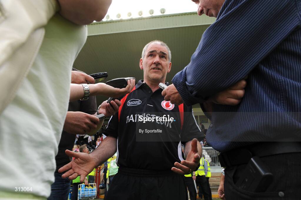 26 July 2008; Tyrone manager Mickey Harte speaking to journalists after the game. GAA Football All-Ireland Senior Championship Qualifier - Round 2, Tyrone v Westmeath, Healy Park, Omagh, Co. Tyrone. Photo by Sportsfile