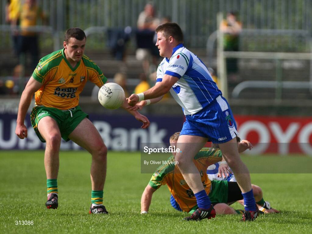 24 July 2008; Rory Woods, Monaghan, in action against Michael Murphy, Donegal. GAA Football All-Ireland Senior Championship Qualifier, Round 2, Donegal v Monaghan, Ballybofey, Co. Donegal. Picture credit: Oliver McVeigh / SPORTSFILE