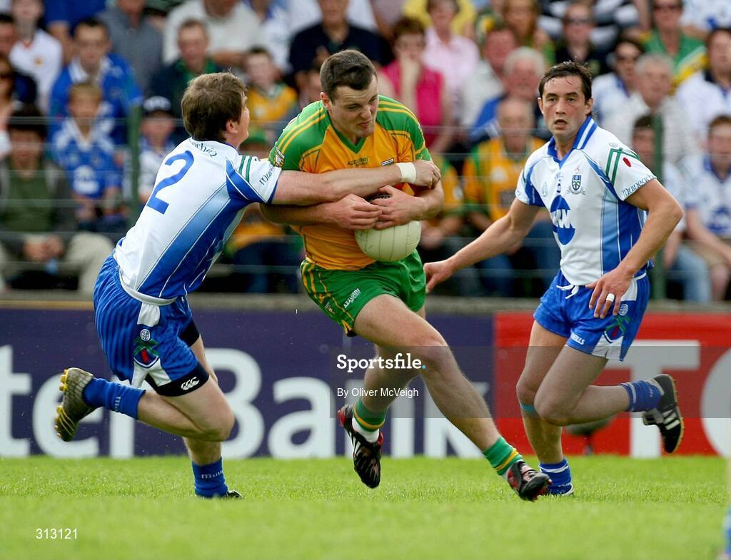24 July 2008; Michael Murphy, Donegal in action against Dessie Mone, Monaghan. GAA Football All-Ireland Senior Championship Qualifier - Rd 2, Donegal v Monaghan, Ballybofey, Co. Donegal. Picture credit: Oliver McVeigh / SPORTSFILE