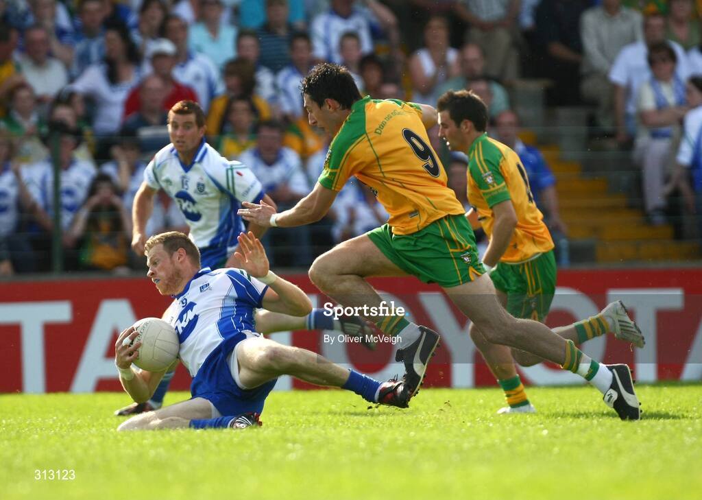24 July 2008; Eoin Lennon, Monaghan, in action against Rory Kavanagh, Donegal. GAA Football All-Ireland Senior Championship Qualifier - Round 2, Donegal v Monaghan, Ballybofey, Co. Donegal. Picture credit: Oliver McVeigh / SPORTSFILE