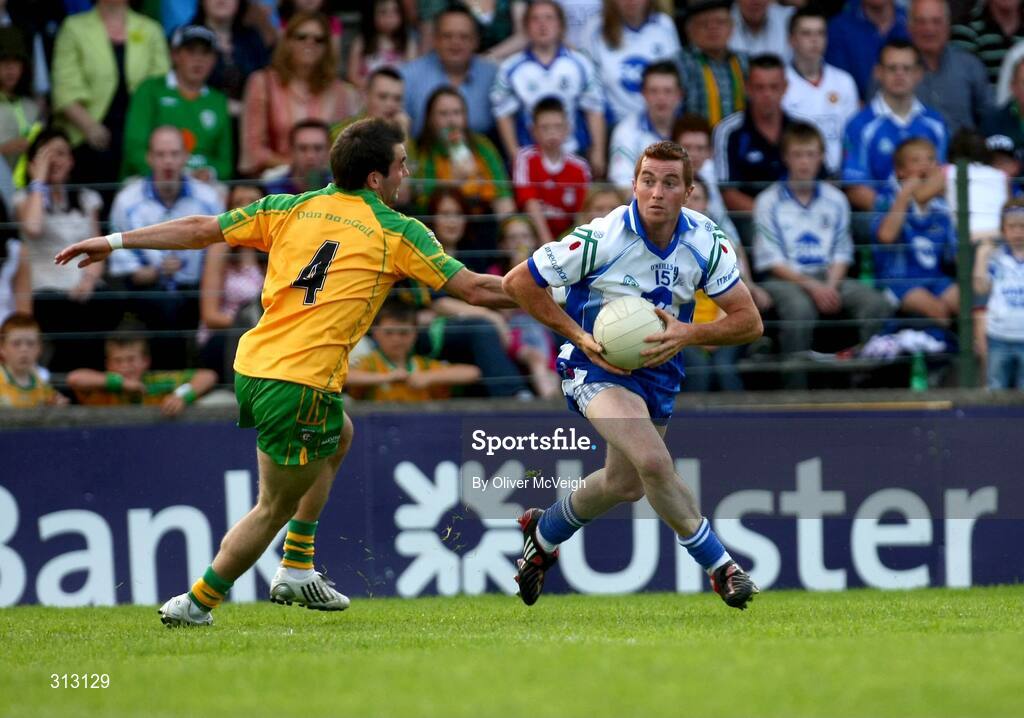 24 July 2008; Thomas Freeman, Monaghan in action against Karl Lacey, Donegal. GAA Football All-Ireland Senior Championship Qualifier - Rd 2, Donegal v Monaghan, Ballybofey, Co. Donegal. Picture credit: Oliver McVeigh / SPORTSFILE